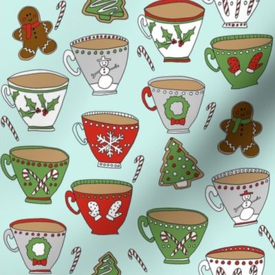 christmas tea and coffee // hot chocolate, cocoa,  christmas, holiday, xmas, candy cane, teacup, tea party, snowman, snowflake - mint
