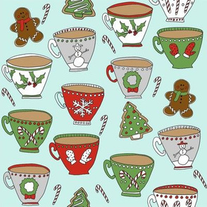 christmas tea and coffee // hot chocolate, cocoa,  christmas, holiday, xmas, candy cane, teacup, tea party, snowman, snowflake - mint