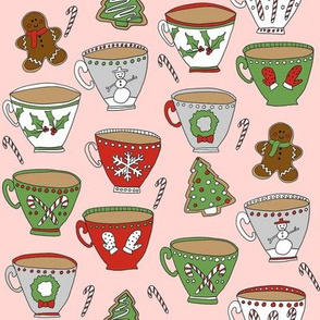 christmas tea and coffee // hot chocolate, cocoa,  christmas, holiday, xmas, candy cane, teacup, tea party, snowman, snowflake - pink