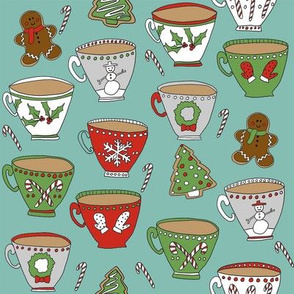 christmas tea and coffee // hot chocolate, cocoa,  christmas, holiday, xmas, candy cane, teacup, tea party, snowman, snowflake - blue