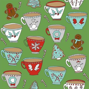 christmas tea and coffee // hot chocolate, cocoa,  christmas, holiday, xmas, candy cane, teacup, tea party, snowman, snowflake - green