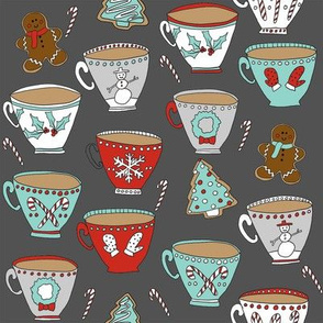 christmas tea and coffee // hot chocolate, cocoa,  christmas, holiday, xmas, candy cane, teacup, tea party, snowman, snowflake - charcoal