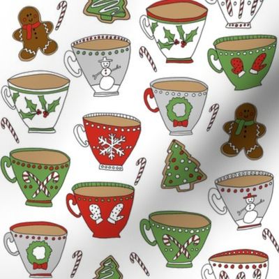 christmas tea and coffee // hot chocolate, cocoa,  christmas, holiday, xmas, candy cane, teacup, tea party, snowman, snowflake - white