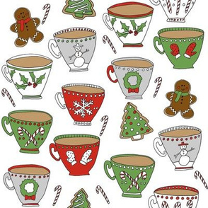 christmas tea and coffee // hot chocolate, cocoa,  christmas, holiday, xmas, candy cane, teacup, tea party, snowman, snowflake - white