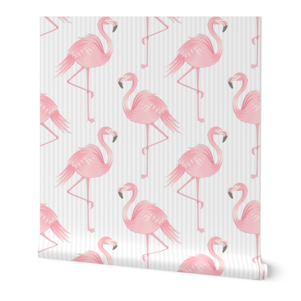Pink Flamingos on Soft Gray Stripes