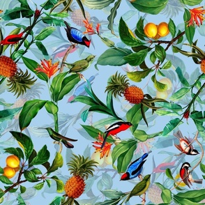 18" Vintage Bird Tropical Midnight  Garden Jungle blue