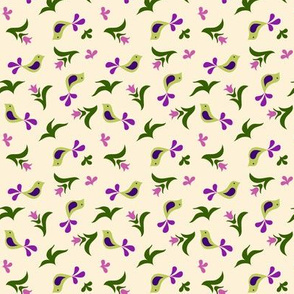 green birds & purple buds on cream