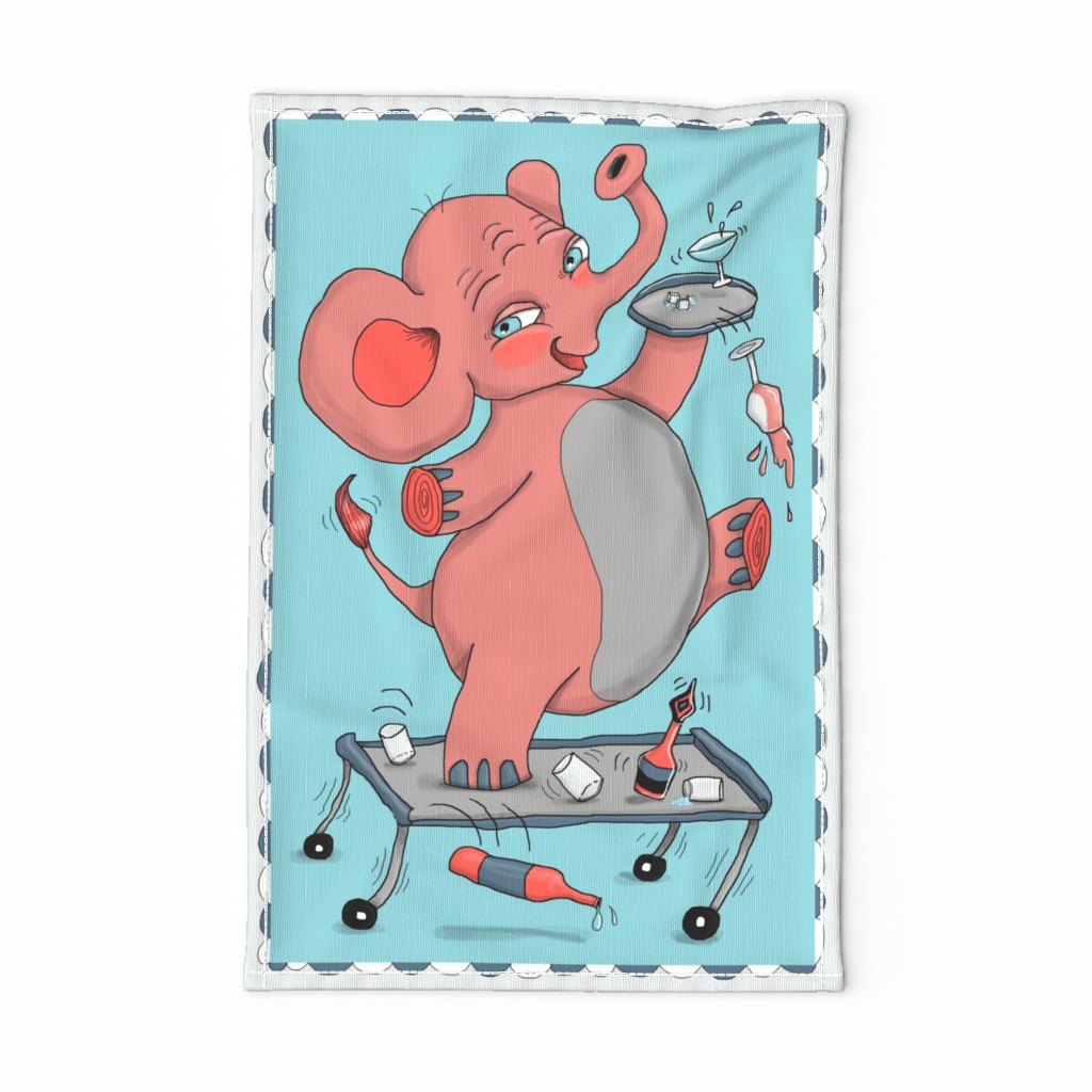 i'm so drunk, i'm seeing pink elephants! tea towel, pink blue aqua gray