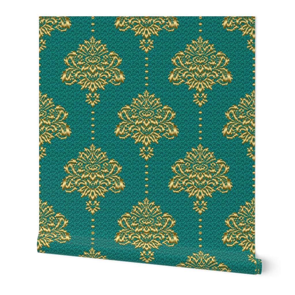 Damask Gold emerald green textured