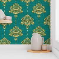 Damask Gold emerald green textured