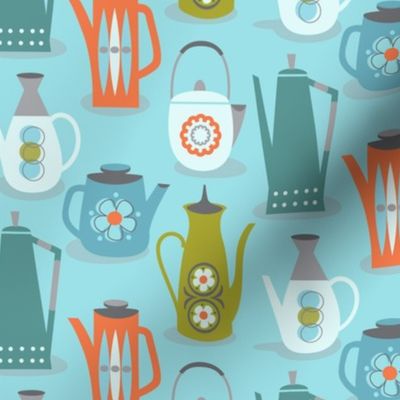 60s teapots on blue