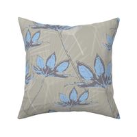 Botanical Leaves with Palms - Pale grey with sky blue