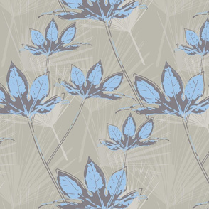 Botanical Leaves with Palms - Pale grey with sky blue