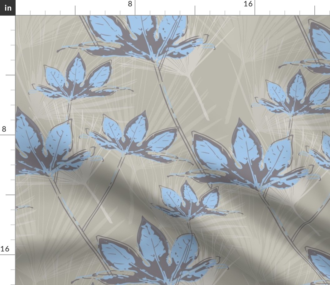 Botanical Leaves with Palms - Pale grey with sky blue