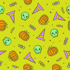 Halloween skulls, pumpkins, hats