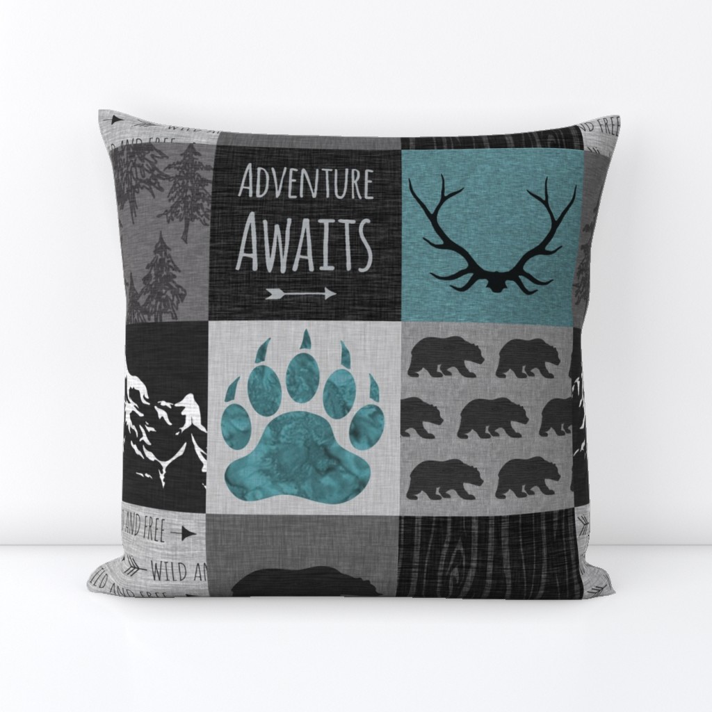Adventure Bears - teal, grey and black - a woodland themed cheater quilt