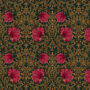 Pimpernel - SMALL 10" - historic reconstructed damask wallpaper by William Morris -  autumnal yellow teal and pink antiqued restored reconstruction  art nouveau art deco