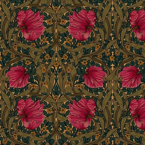 Pimpernel -MEDIUM 14" - historic reconstructed damask wallpaper by William Morris -  autumnal yellow teal and pink antiqued restored reconstruction  art nouveau art deco