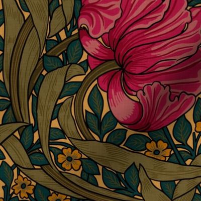 Pimpernel - LARGE 21"  - historic reconstructed damask wallpaper by William Morris -  autumnal yellow teal and pink antiqued restored reconstruction  art nouveau art deco
