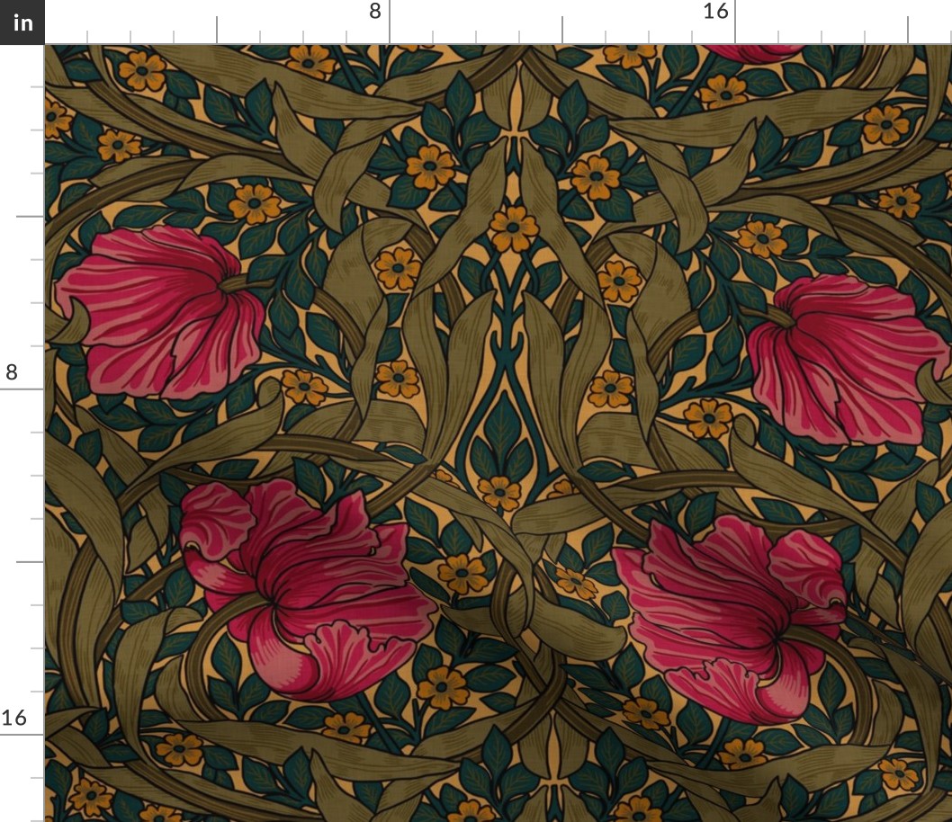 Pimpernel - LARGE 21"  - historic reconstructed damask wallpaper by William Morris -  autumnal yellow teal and pink antiqued restored reconstruction  art nouveau art deco