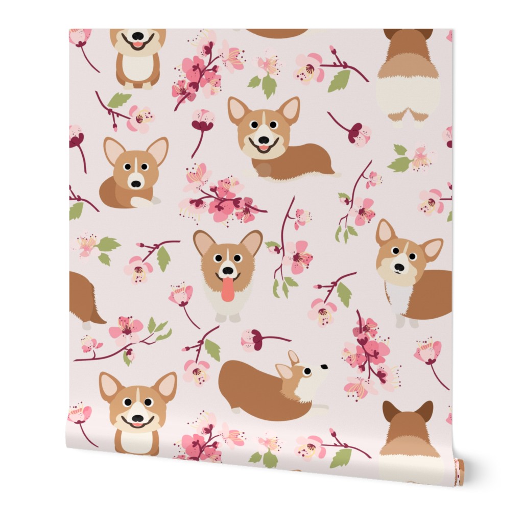 9" Corgi in spring florals fabric, cherry blossom sakura in asia, pink