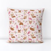 9" Corgi in spring florals fabric, cherry blossom sakura in asia, pink