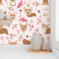 9" Corgi in spring florals fabric, cherry blossom sakura in asia, pink