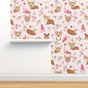 9" Corgi in spring florals fabric, cherry blossom sakura in asia, pink