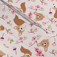 9" Corgi in spring florals fabric, cherry blossom sakura in asia, pink