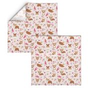 9" Corgi in spring florals fabric, cherry blossom sakura in asia, pink