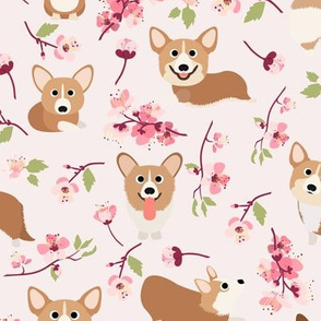 9" Corgi in spring florals fabric, cherry blossom sakura in asia, pink