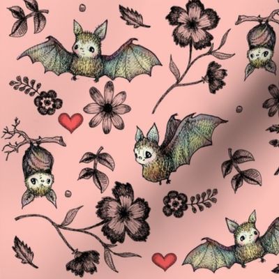 Bats and Hearts with Pink Background