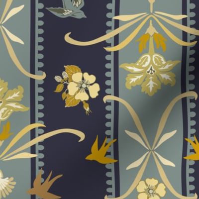 Victorian Floral Stripe - Dark Blue