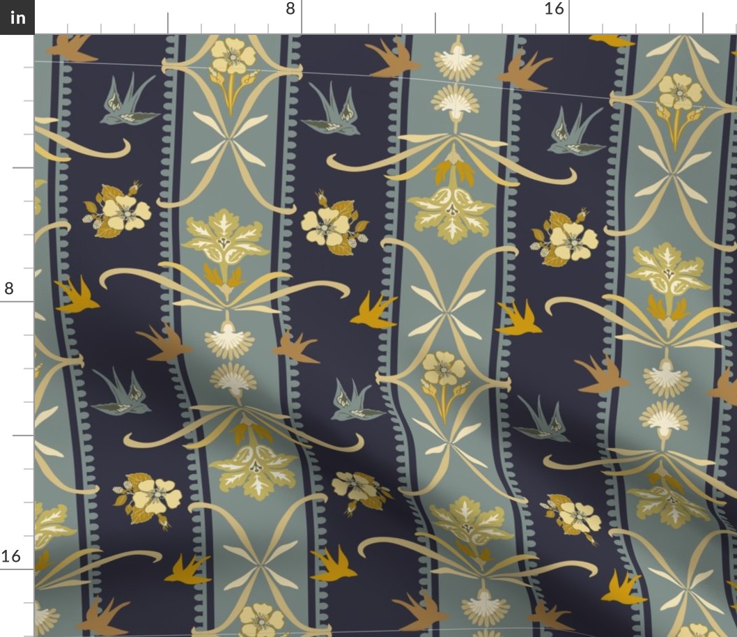 Victorian Floral Stripe - Dark Blue