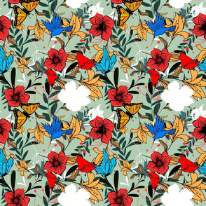 Red Birds & Flowers on Teal Green