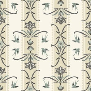 Victorian Floral Stripe - 4 - Blue, Gray, Cream