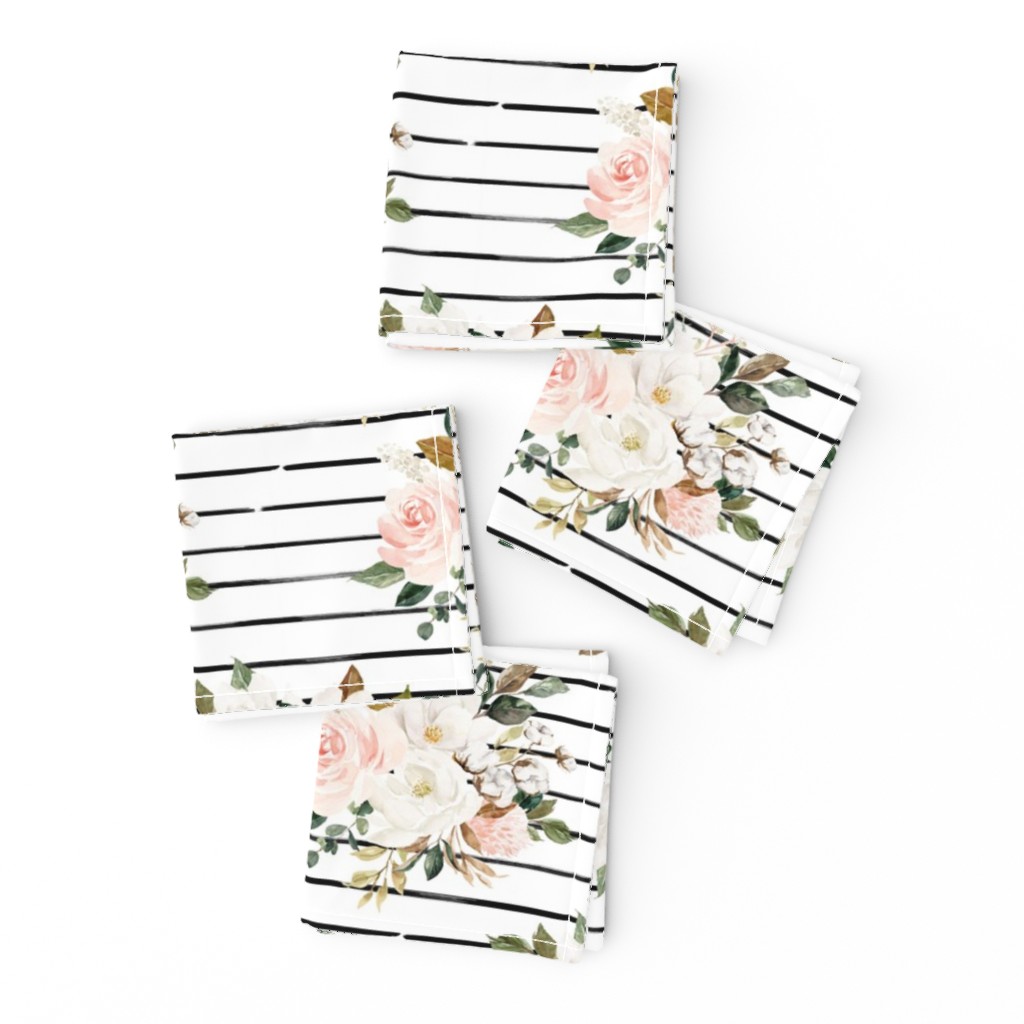 8" Magnolia Watercolor Blooms // Black and White Stripes