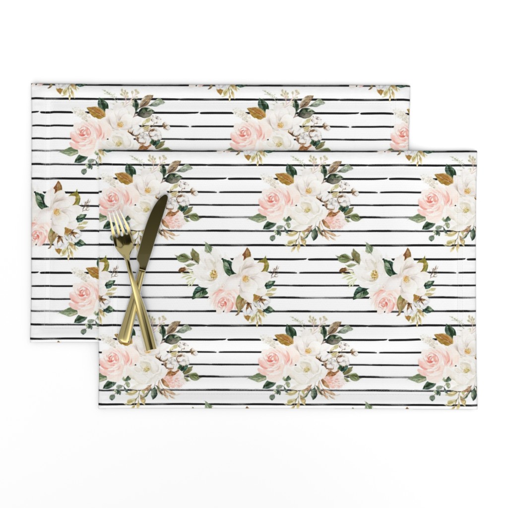 8" Magnolia Watercolor Blooms // Black and White Stripes