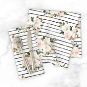 8" Magnolia Watercolor Blooms // Black and White Stripes