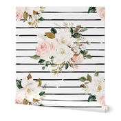 8" Magnolia Watercolor Blooms // Black and White Stripes