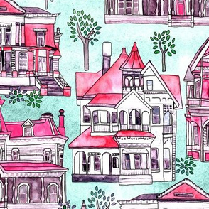 Magenta, Grey & Red Victorian Houses  