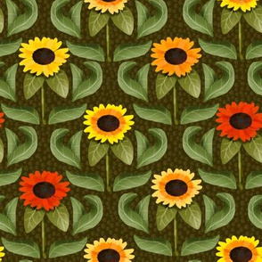 Sunflower Damask on Brown Pebbly Background