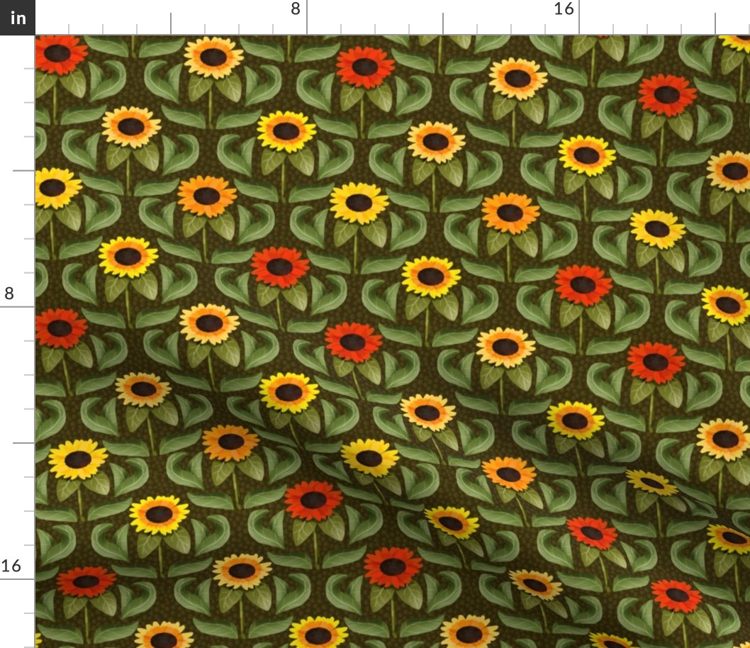 Sunflower Damask on Brown Pebbly Background