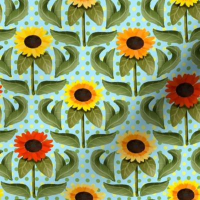 Sunflower Damask on Green and Yellow Polka Dots