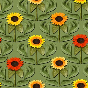Sunflower Damask on Green
