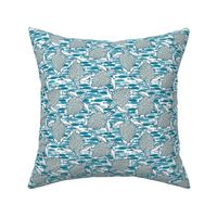 Baby Sea Turtles in Gray & Blue Tones with Blue Fish Background