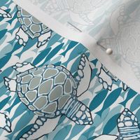 Baby Sea Turtles in Gray & Blue Tones with Blue Fish Background