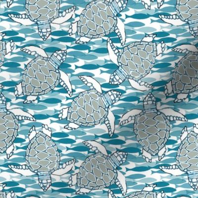 Baby Sea Turtles in Gray & Blue Tones with Blue Fish Background