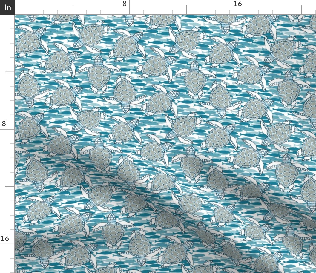 Baby Sea Turtles in Gray & Blue Tones with Blue Fish Background