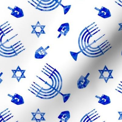 Hanukkah - blue watercolor - menorah, dreidel, Star of David